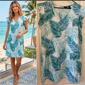 Tahari Size XL 100% Linen Tropical Palm Leaf V-Neck Flutter Sleeve Shift Dress